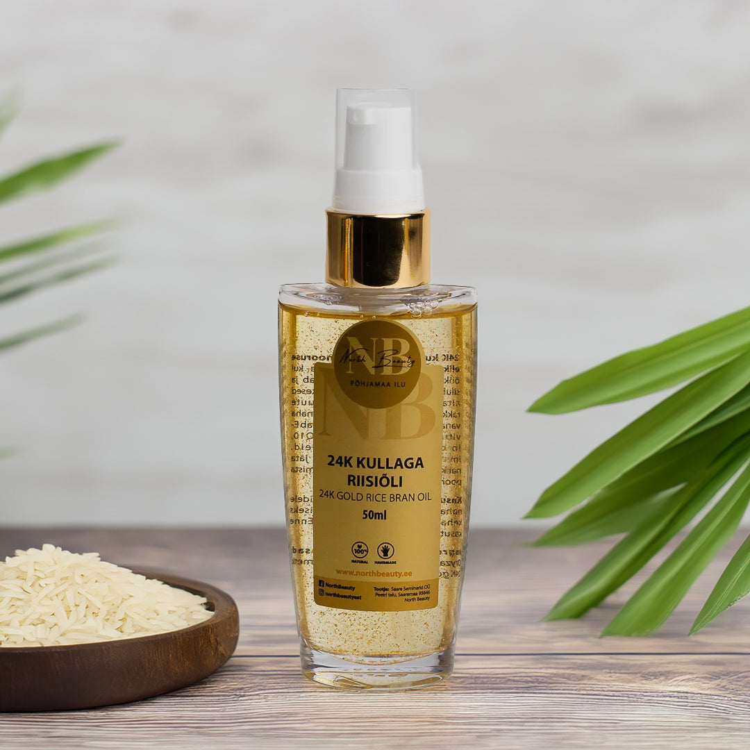 24k Gold Rice Oil by North Beauty Natural Cosmetics Standing on a table