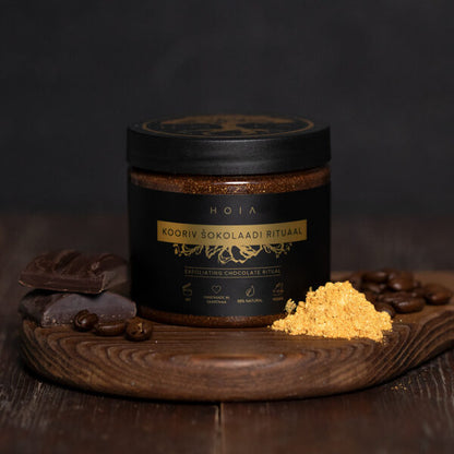 Exfoliating Chocolate Ritual - Body Mask 200ML by HOIA natural cosmetics on a wooden table