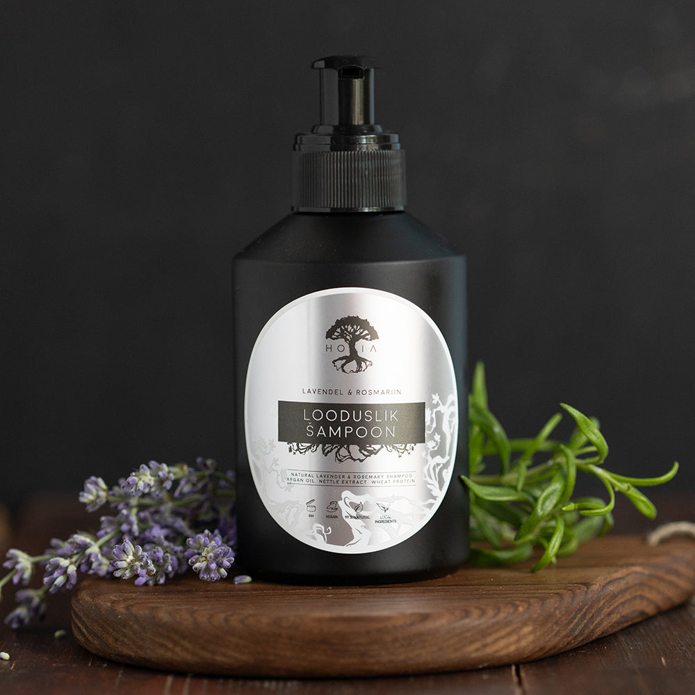 Organic Shampoo Lavender & Rosemary, 200ml a natural cosmetics product by HOIA on a wooden tray